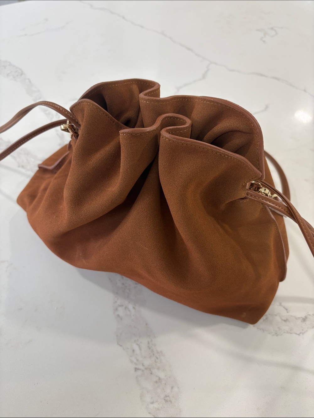 Ann Taylor Cognac Brown Suede Drawstring Shoulder Bag Purse - Picture 7 of 14